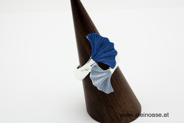 Ring Ginkgo-Blatt  Silber/Blau